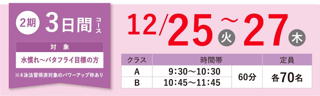 2期3日間コース 12/25(火)27(木)対象:水慣れ〜バタフライ目標の方